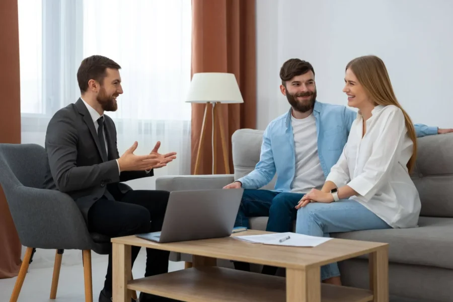 Consultor conversa com casal em sala de estar, durante reunião particular com notebook e documentos sobre planejamento financeiro e orientação de seguro de vida. Entenda como funciona o seguro de vida.